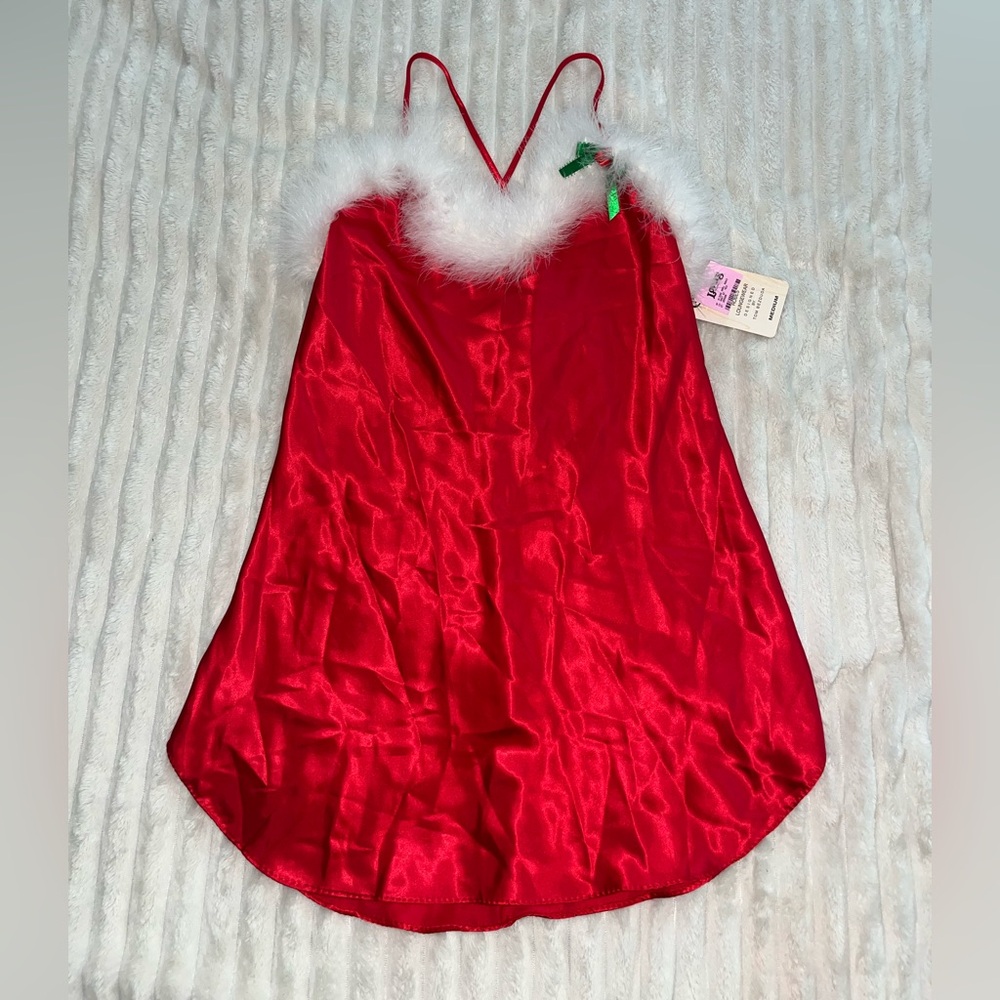 Luxurious Holiday Inspired Satin Chemise w/ White Fur Trim + Holly Pin • Medium